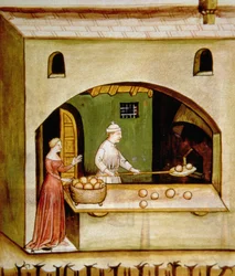 Backen von Weißbrot, Illustration aus Tacuinum Sanitatis Codex Vindobonensis